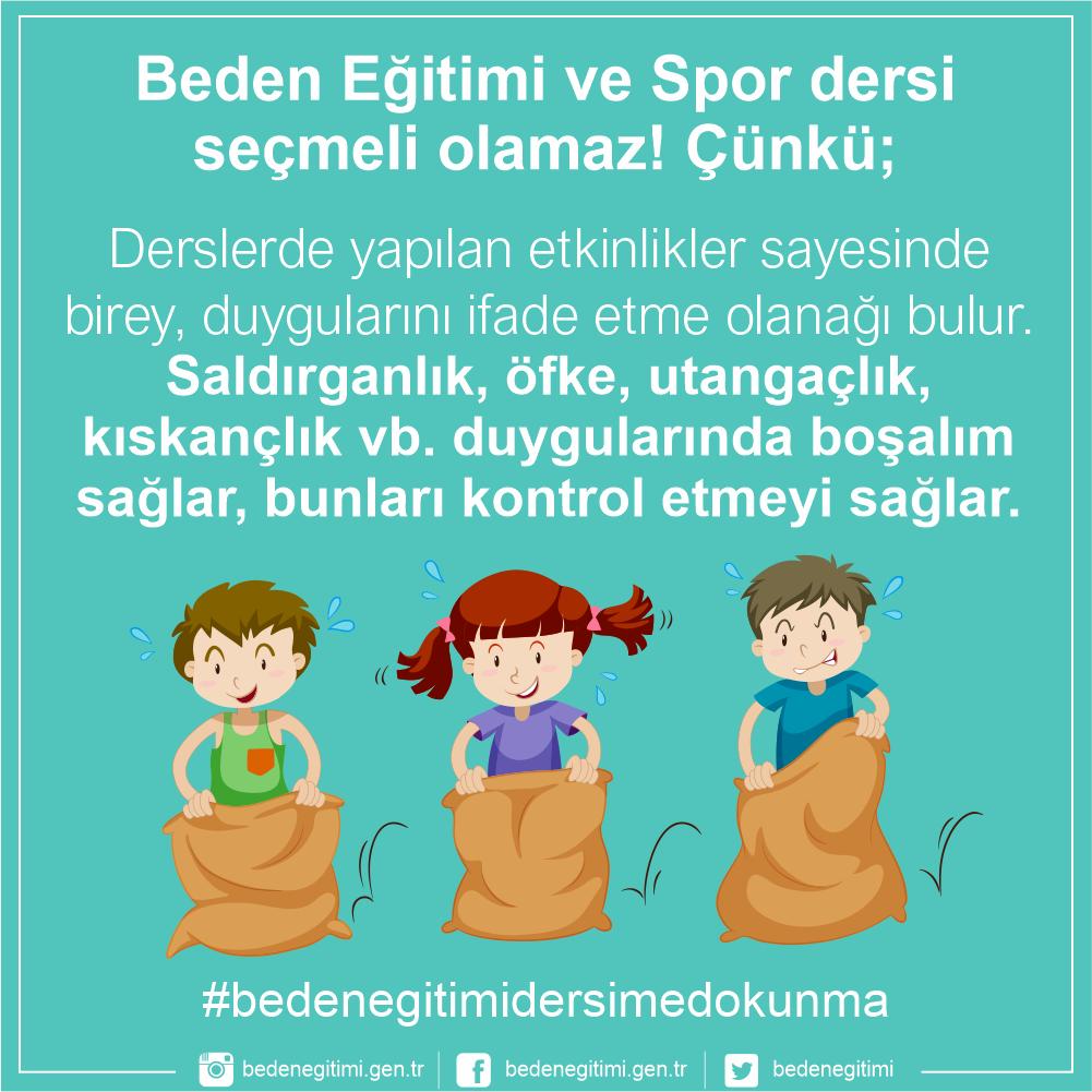 Beden eğitimi ve spor dersi alan birey; dostça yarışma ve oynama, kazananı takdir etme, kaybetmeyi kabullenme, hile ve haksızlığın karşısında olabilme gibi davranışları sergiler. #bedenegitimidersimedokunma <a href="/RTErdogan/">Recep Tayyip Erdoğan</a> <a href="/ziyaselcuk/">Ziya Selçuk</a> <a href="/tcmeb/">Millî Eğitim Bakanlığı</a> <a href="/kasapoglu/">Dr. Mehmet Kasapoğlu</a>