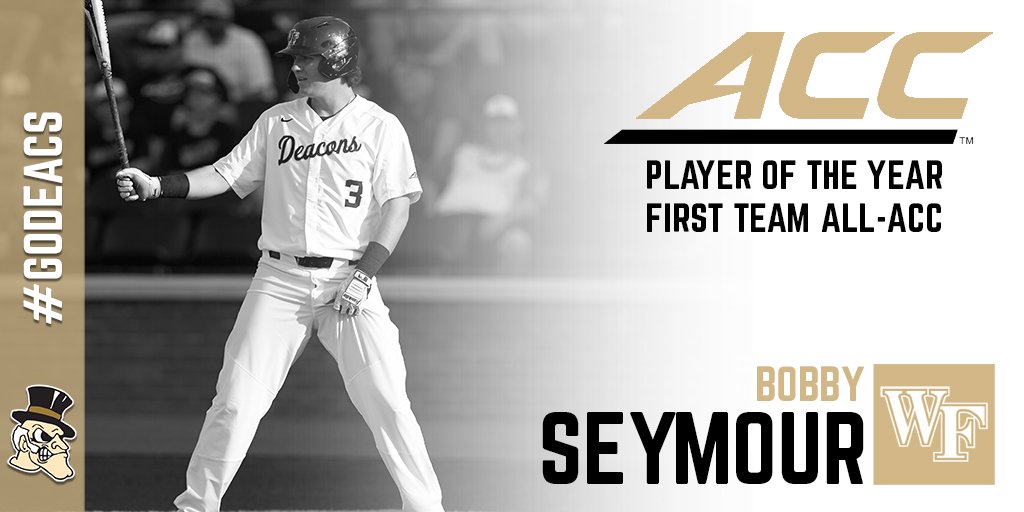 WakeBaseball's tweet photo. Seymour is joined as a first team All-ACC pick by Chris Lanzilli, who batted .350 with 19 doubles, 16 homers and 67 RBIs, ranking in the top 10 in the ACC in each category. #GoDeacs https://t.co/QBSkMEcRr2