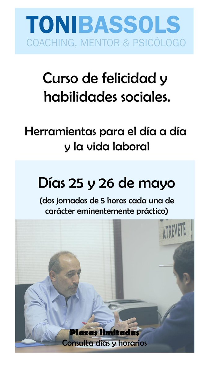 ToniBassols's tweet photo. Saber cuando y cómo aplicar las habilidades Sociales puede marcar la diferencia en nuestras vidas.

Apúntate al curso de desarrollo de habilidades sociales los días 25 y 26 de mayo.

Para más información:
hola@tonibassols.com
https://t.co/47w4Twnkob https://t.co/H2dUgGWOyR