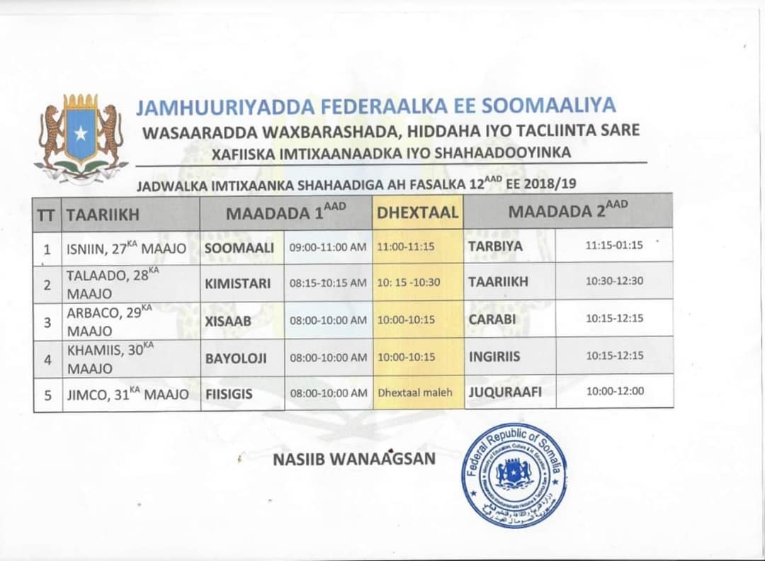 AdanMayow's tweet photo. Jadwalka Imtixanka Shahadiga ee sanad dugsiyeedka 2018-2019 ayaa manta laso bandhigay https://t.co/Hc7mPFTWho