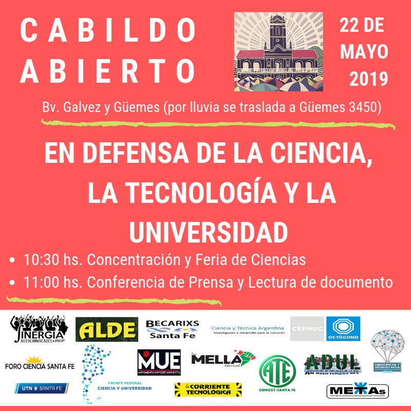 becarixsSF's tweet photo. ¡Cabildo abierto este miércoles 22 de mayo! Participamos junto a más de 10 organizaciones universitarias y científicas. En la calle pero no se suspende por lluvia.

#CabildoAbiertoPorLaCiencia
#CientíficxsEnLaCalle
#UniversitarixsEnLaCalle

#CienciaEsSoberanía https://t.co/Xy6yBWqIwV