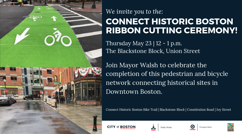 This Thursday celebrate the ribbon cutting of the Connect Historic Boston path with <a href="/BostonPWD/">Boston Public Works</a> and <a href="/BostonBTD/">Boston Transportation Department</a>. These are the kinds of protected facilities we want to see more of--to get there we need to celebrate the progress we are making! #BikewaysForEverybody