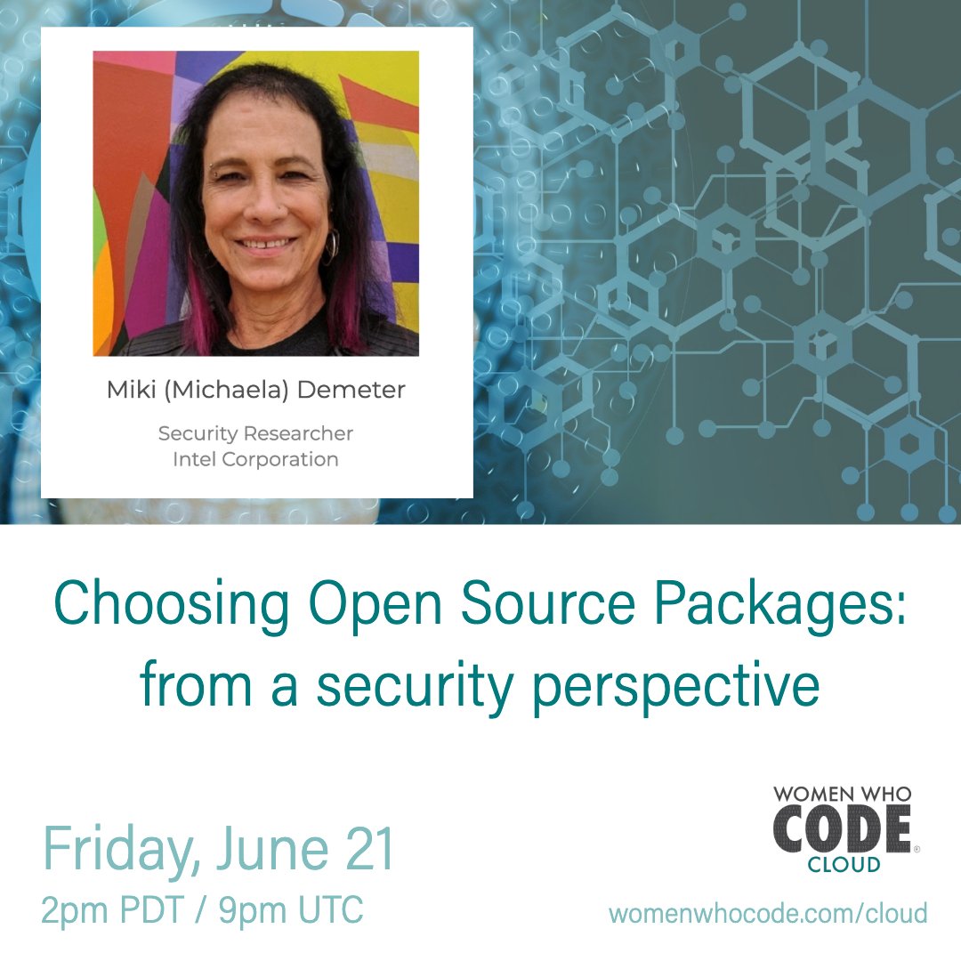 WWCodeCloud's tweet photo. Interested in learning about #cloudsecurity for #opensource? Come join #wwcode and @thedawgcr8 June 21 for an informative webinar on choosing OSP with security in mind. Register at https://t.co/1RFQeBp68S #cloudcomputing #wwcodecloud https://t.co/awbbflgb6h