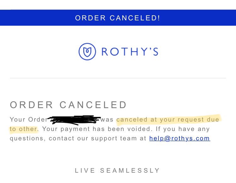EAGreenstein's tweet photo. @rothys wins for worst error messaging ever:
1. I didn’t cancel my order. 
2. You didn’t void my payment.
3. “due to other”
#Walker100 https://t.co/ePL6Gv8b9B