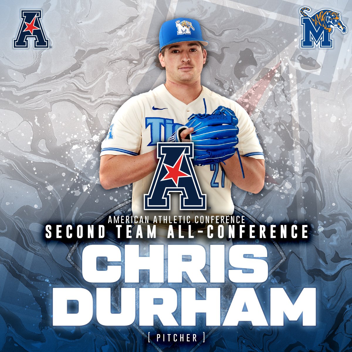 MemphisBaseball's tweet photo. Congratulations to @HunterGoodman35
and @chrisdurham21, who were named to #AmericanBaseball All-Conference teams!

Goodman also claimed the @American_BSB's Newcomer Position Player of the Year!

📰: https://t.co/5Mk2lWCNKA 

#GoTigersGo https://t.co/bswRCDtgYA