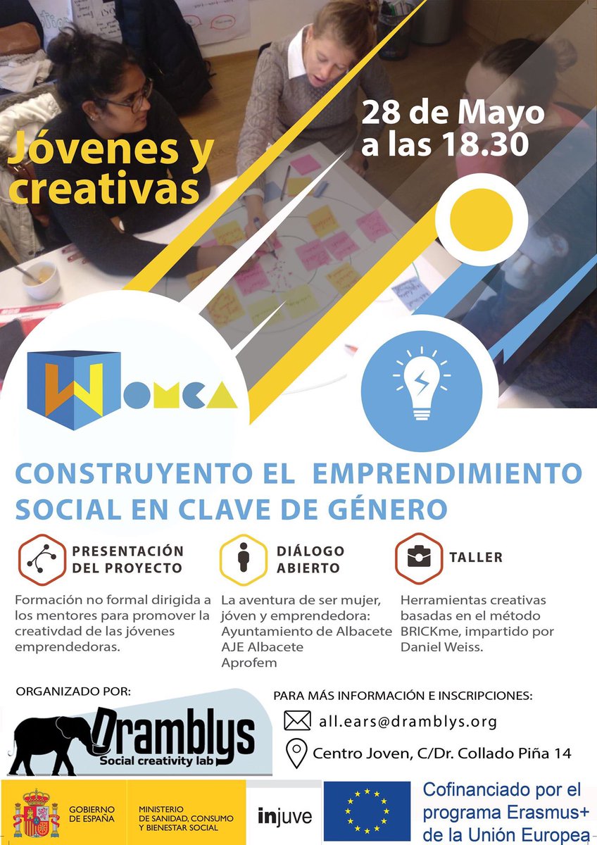 dramblys_org's tweet photo. Emprendimiento social en clave de género: presentación del proyecto WOMCA, díalogo abierto y taller creativo 👉🏻 Os esperamos el 28 de mayo en el Centro Joven de Albacete 📩all.ears@dramblys.org #socentr #womcaproject #erasmusplus https://t.co/PBxqGwvdRh