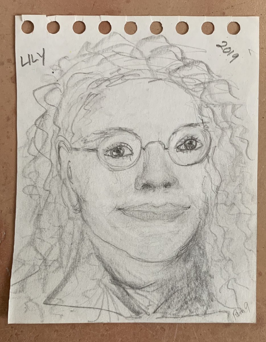 cosmiccrust's tweet photo. some of my old museum coworkers (all women in their late 60’s/early 70’s) took me to lunch &amp; one gave me this portrait she drew of me???? why is my life this way https://t.co/Os09CTrJ6Z