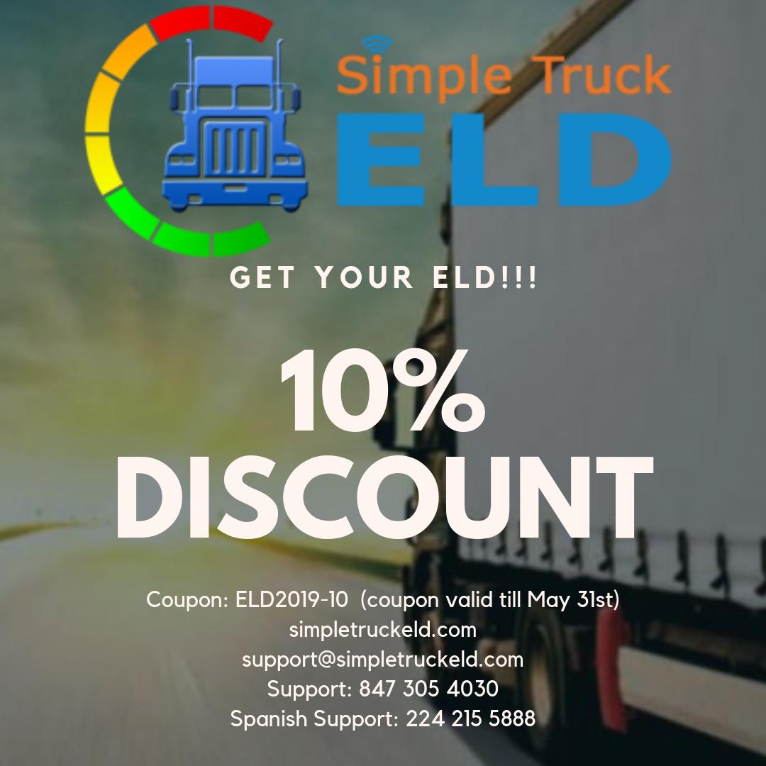 SimpleTruckELD's tweet photo. Use the coupon: ELD2019-10
The discount ends on May 31st...
Get your ELD at https://t.co/iP26MpVqh5 !!!
-No Hardware Fee
-No Contract https://t.co/H6jPaGd7FA