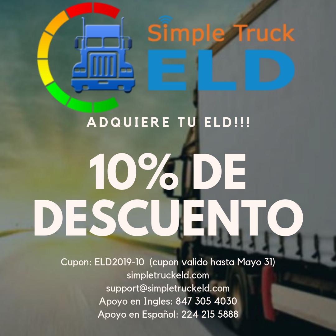SimpleTruckELD's tweet photo. Use the coupon: ELD2019-10
The discount ends on May 31st...
Get your ELD at https://t.co/iP26MpVqh5 !!!
-No Hardware Fee
-No Contract https://t.co/H6jPaGd7FA