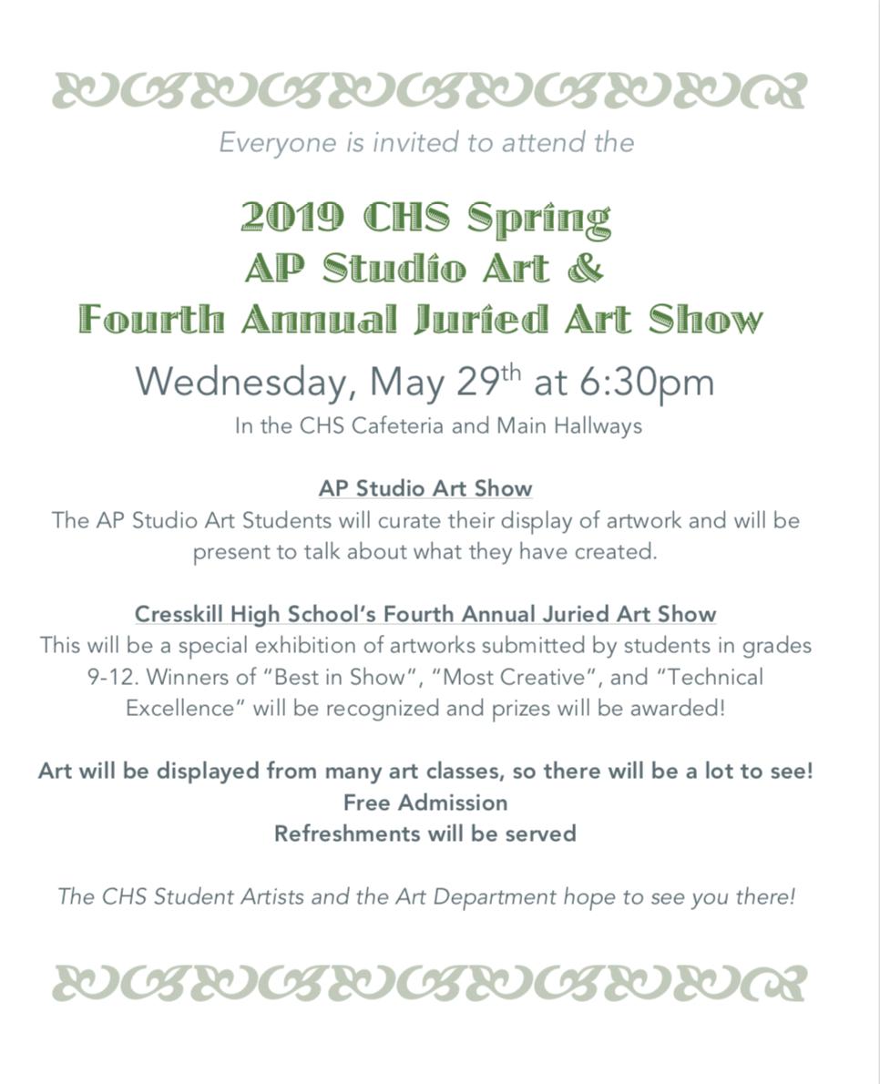 Coming soon: The CHS Fourth Annual Juried Art Show and AP Studio Art Show. There will be fantastic artwork to see, hope to see you there!