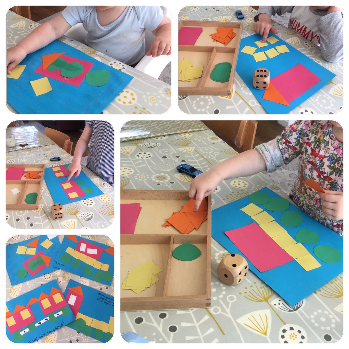 aoife_m_'s tweet photo. Rolling the dice and collecting the correct number of a named 2D shape, the children loved creating “wheely” lovely shape pictures. #EYFS #EAD #Maths #shapeandspace #2Dshape #counting #dicepatterns #mathsonmondays #Handforth https://t.co/pQnRUs9bye