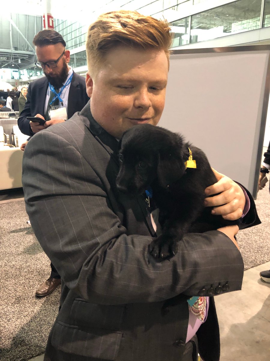 IPProMagazine's tweet photo. Today is #NationalRescueDogDay. Only fitting that @INTA brought in some adorable puppers for attendees to cuddle with. Here is our reporter and doggo fan @benwodecki with his new furry friend #INTA2019 #DogsofINTA https://t.co/5acQfWjNEe