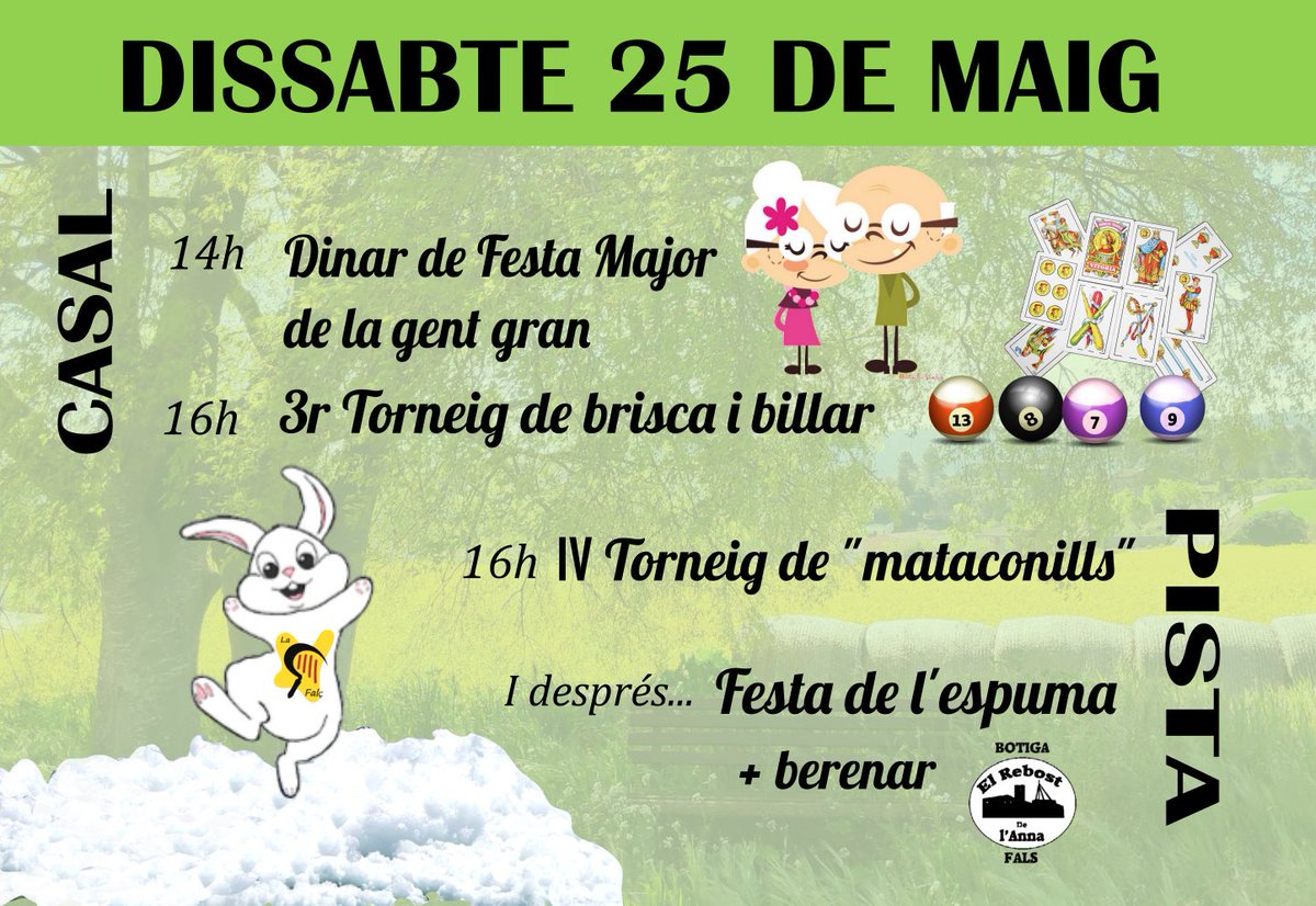 acr_fals's tweet photo. 📆25 de maig, primer dia de #FMFals2019!
👵👴Dinar de la #GentGran
🏆🎱Torneig de #Brisca i #Billar
🐇⚽️Torneig de #Mataconills
🎲🥐 Festa de l'#espuma i berenar
#FMFals #falsejant #cultura #esport #esplailafals #torneigs #infantil #fals #fonollosa #somdepoble https://t.co/KZdS5lU9MZ