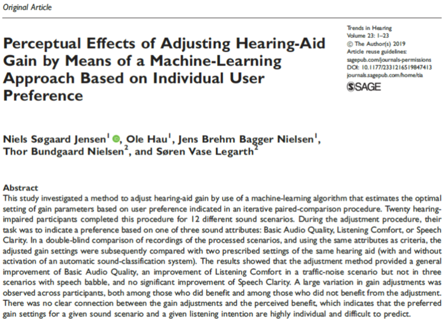 NielsSJensen's tweet photo. Nice to see this paper making it through peer review and being published as an #openaccess article in #TrendsInHearing! Thanks to #SenseLab @FORCEtechDK for a great collaboration! https://t.co/9Ia5tMws2Q #Widex #hearingaids #personalization #machinelearning https://t.co/Nuj8tte9Yh