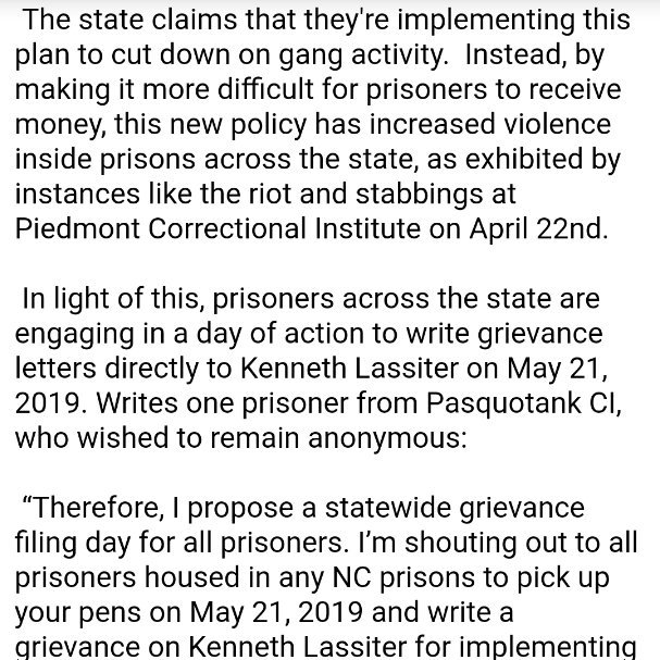 Final_Straw's tweet image. NC prisoners will be filing grievances tomorrow to protest the implementation of new @JPay_com   policies by @NCPublicSafety under #KennethLassiter starving prisoners and amplifying violence. Doubtless due to influence by #GaryMohr.
 (1/2)