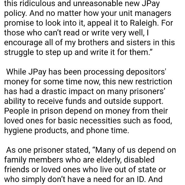 Final_Straw's tweet image. NC prisoners will be filing grievances tomorrow to protest the implementation of new @JPay_com   policies by @NCPublicSafety under #KennethLassiter starving prisoners and amplifying violence. Doubtless due to influence by #GaryMohr.
 (1/2)