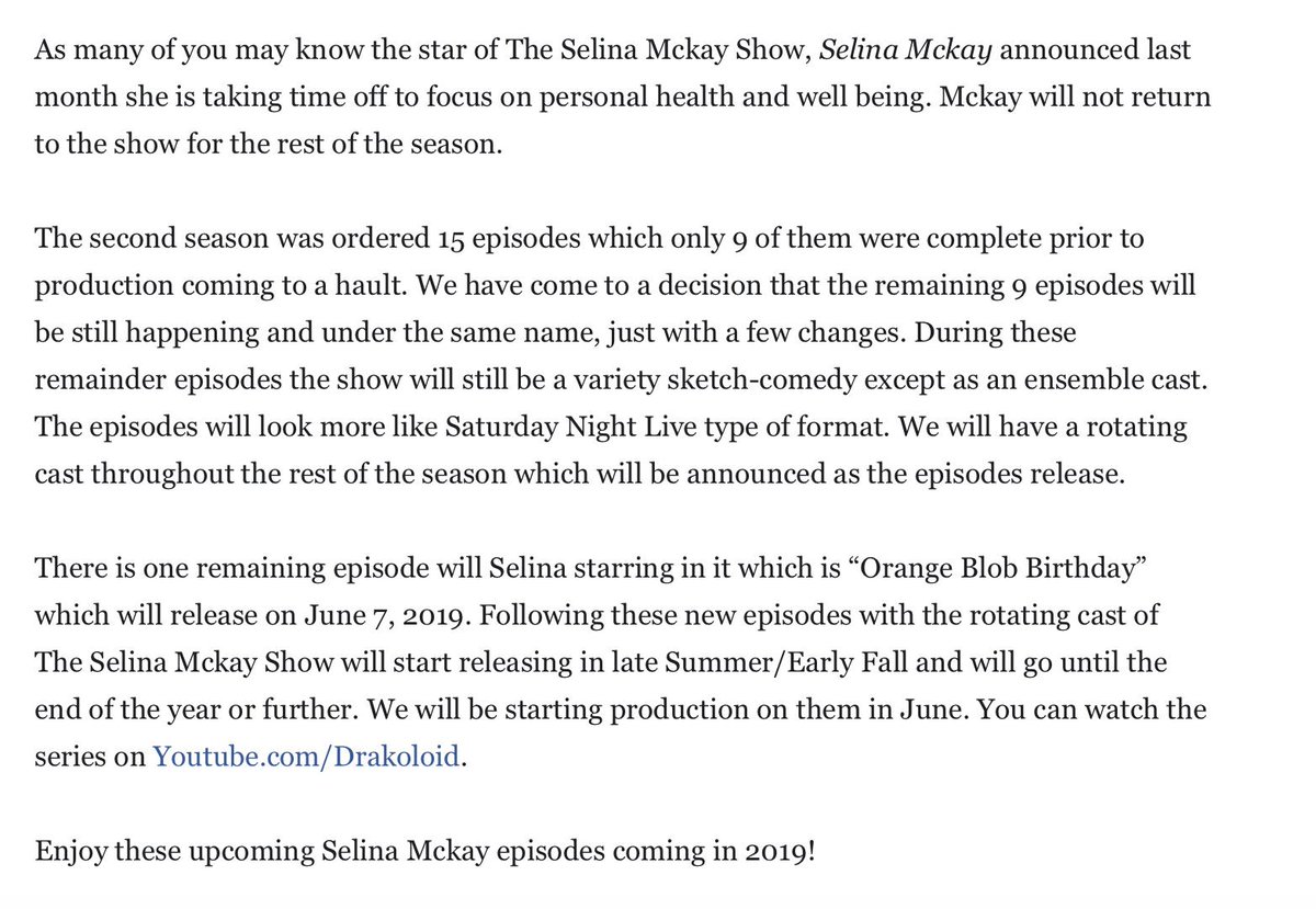 DrakoloidPress's tweet photo. The Selina Mckay Show New Format for Remainder of Season via @DrakoloidPress @Drakoloid @TheSelinaMckay https://t.co/rtfL8bvM9O