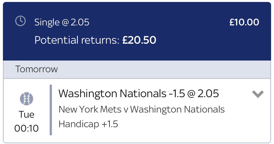 #FastballModel Pick 2 - 20th May 2019#Nationals -1.5 at the #Mets (2.05)Good luck if you’re playing!#bettingalgorithm #mlb #predictiveanalytics #sabermetrics #freesportspicks #baseball #freemlbpicks #freebettingtips