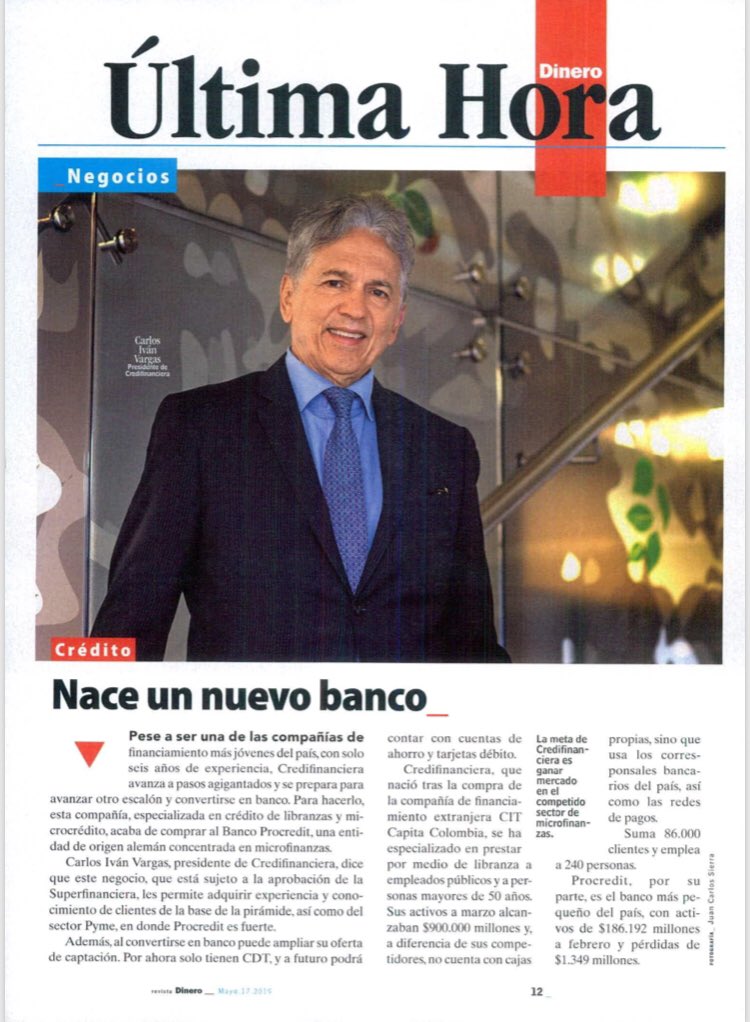 FiorellaConte's tweet photo. Nacerá un Nuevo Banco en Colombia. @credifinanciera 
 #Credifinanciera #bancocredifinanciera #colombia #revistadinero #procredit https://t.co/4R8H8LQdaI