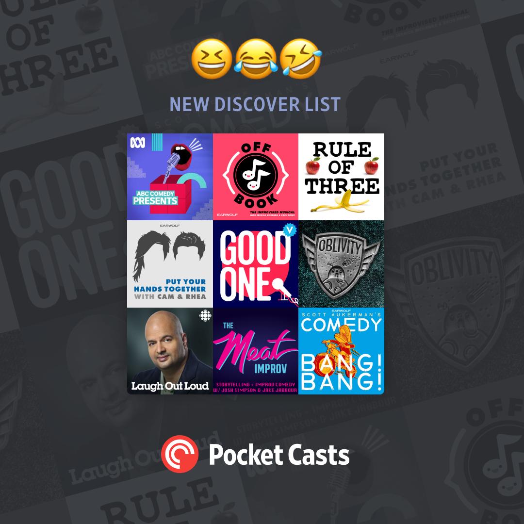 pocketcasts's tweet photo. In the mood for a good laugh? This week's Discover List is all about podcasts that put comedy first. Find it in the Discover section of our app or at https://t.co/VB3pvn6jZZ https://t.co/01h0fgKPlR