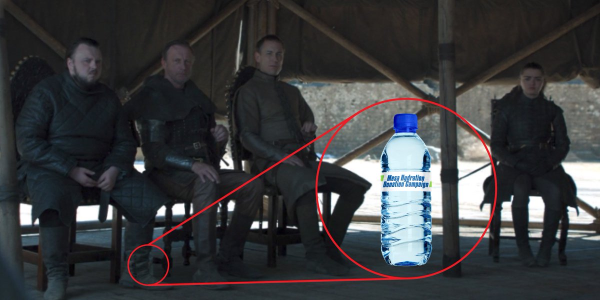 UnitedFoodBank's tweet photo. Thank you @HBO @GameOfThrones for promoting the 2019 @CITYOFMESA Hydration Donation Campaign. The goal is 400,000 water bottles. Find out where you can donate, https://t.co/iwnCnuFbkp. #gotwaterbottle #GOTSeasonFinale #AZsummeriscoming https://t.co/l7aOxY9jAq