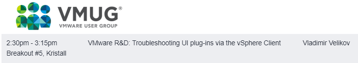 vladi_velikov's tweet image. Attending #devmug? Come to see my session on Troubleshooting plugins through the #vSphere Client!
Awesome presence from @VMware R&amp;amp;D teams awaits you as well!
#h5client #vExpert 
vmug.com/events2/vmug-u…