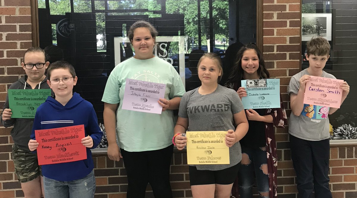 SedaliaMiddle's tweet photo. Great work to last week's Most Valuable Tigers! Way to represent SMS! @SEDALIASCHOOLS We're so proud of you! 

A-10: Brooklyn Nelson
Blackhawks: Kasey Pospisil
Apache: Jakayla Fizer
Falcons: Kristina Izoita
Stealth: Izabella Lindeman
Skyraiders: Carsten Smith https://t.co/gP4MCPRqpm