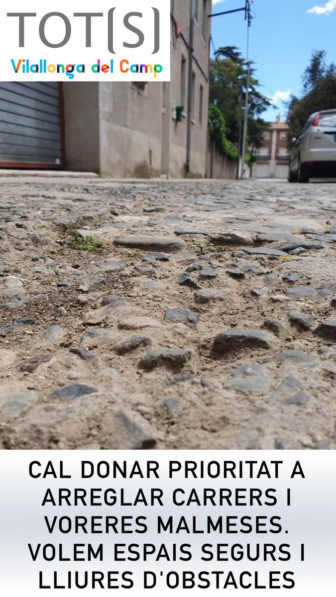 totsvilallonga's tweet photo. Cal donar prioritat a arreglar carrers i voreres malmeses. Volem espais segurs i lliures d’obstacles #votaTotsViallongaDelCamp #VilallongaDelCamp #TOTSVilallonga #nomésvilallonga #eleccionsmunicipals2019 #municialscat #municipals2019 #municipals19 #26m #26maig https://t.co/70RsQC5Mlg