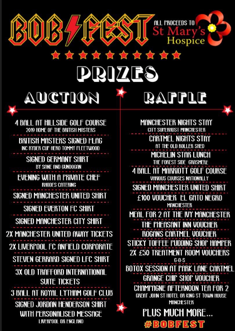 Finalised line up and list of raffle prizes for #bobfest 

Advanced auction bids can be emailed across to dodwell1991@gmail.com stating the prize, your bid &amp; details pls including phone number.

Camping - set up time is between 10am &amp; 12:30pm @ Allithwaite Community Centre
⚡️⚡️⚡️