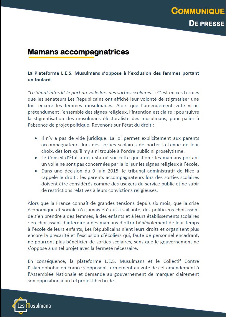 LesMusulmans's tweet photo. 📍🔴 COMMUNIQUÉ : Mamans accompagnatrices;

"Le Sénat interdit le port du voile lors des sorties scolaires ».
La Plateforme L.E.S. Musulmans s’oppose fermement au vote de cet amendement à l’Assemblée Nationale. https://t.co/26dQJha21D