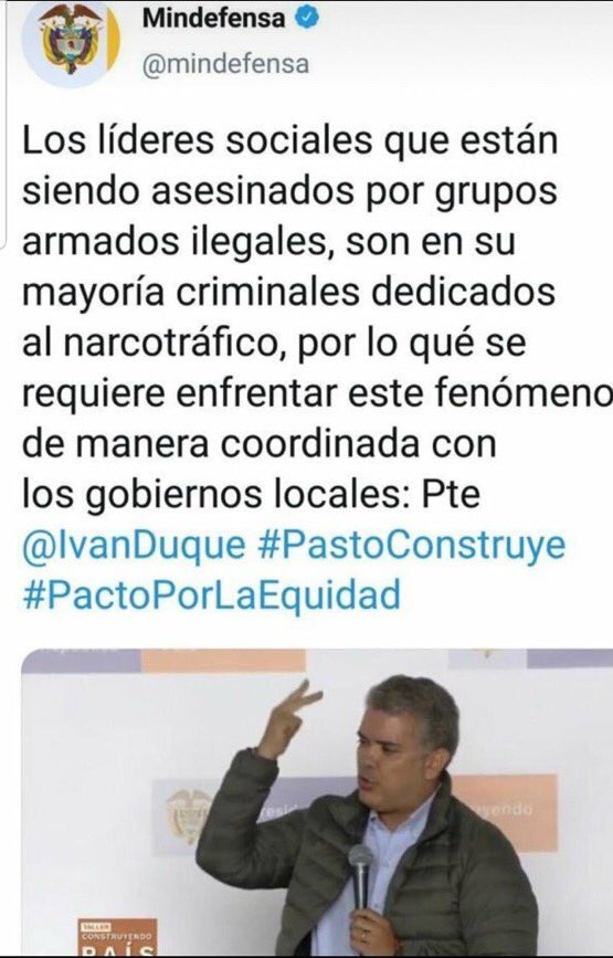 OlgaluQS's tweet photo. Así o más descarados! Pensaron en voz alta! El asesinato de líderes sociales señores @mindefensa NO son líos de faldas, NO son líos de Narcotráfico y NO son atracos. Acá está pasando un fenómeno sistemático contra La Paz y lo que la apoyamos. Les Falta seriedad y objetividad https://t.co/9DRPW7gULa
