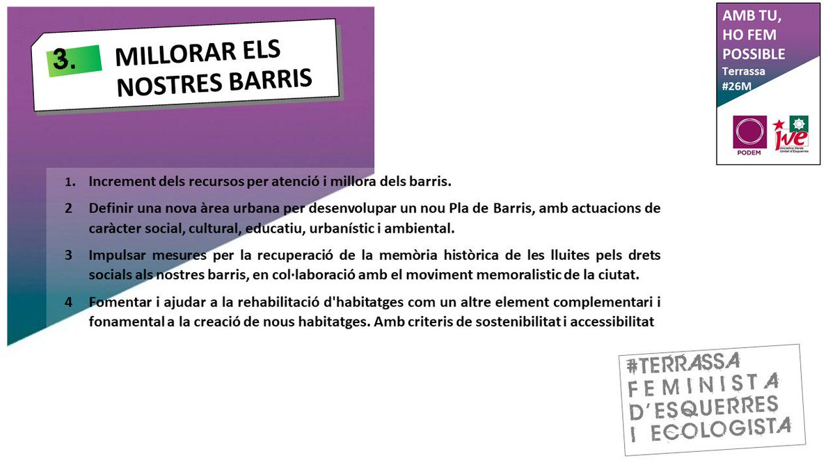 ICV_terrassa's tweet photo. Durant la recta final de la campanya us volem fer arribar #16PROPOSTESperTerrassa ja que esta en joc un model ciutat del futur #Terrassa26M des de #PodemIVE volem: https://t.co/oRCbvlauv5