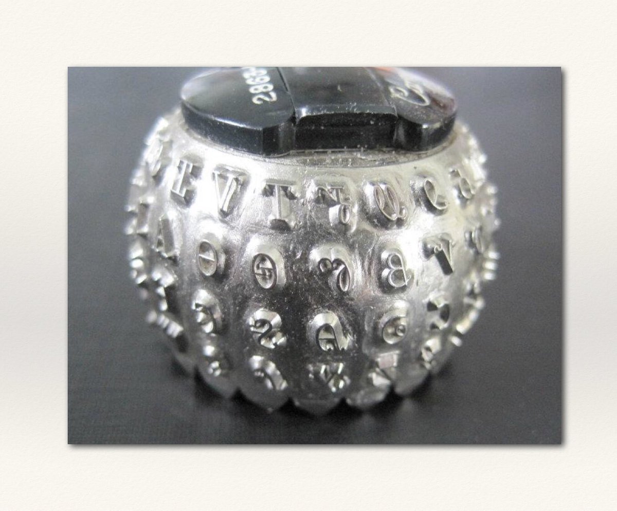 NativeLangsTech's tweet photo. #Cherokee Syllabary has been adapted for nearly every kind of printing technology such as presses, typewriters, &amp; word processors. This is a ball in Syllabary made for IBM Selectric Typewriters in the 1970s. #IYIL2019 #SpeakCherokee #ᏣᎳᎩ #ᎦᏬᏂᎯᏍᏗ #ᏚᏃᏴᎬ #ᏗᎪᏪᎶᏙᏗ https://t.co/XFx11uyIJ7