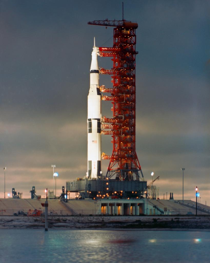 NASA's tweet photo. Another #Apollo50th milestone! Today in 1969, while Apollo 10 was on its way to the Moon, the Saturn V rocket that would go on to carry Apollo 11 on its historic journey took the first steps to its ultimate destination as it rolled to the launch pad: https://t.co/IeoogRIRwJ https://t.co/f7jFz7myTs