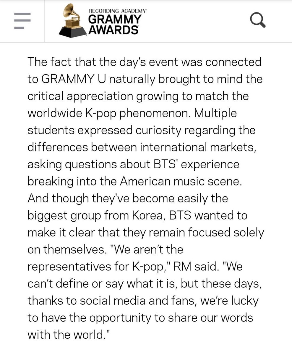 BTSPolishARMY's tweet photo. Wywiad BTS dla Recording Academy (1):

"Nie jesteśmy reprezentacją K-popu. Nie możemy zdefiniować albo powiedzieć czym to jest, ale ostatnio, dzięki social media i fanom, jesteśmy szczęśliwcami, mając szanse dzielić się naszymi słowami ze światem." - Namjoon https://t.co/MlVVrtprKn