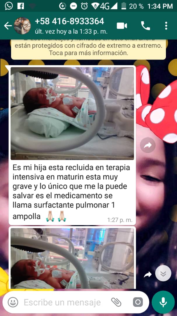 indhiraflores's tweet photo. #20May Se necesita Surfactante Pulmonar para bebe hospitalizada en Maturin, su mami es de muy bajos recursos y está pidiendo ayuda para su bebita #AyudaHumanitaria #Bebesita #GraciasPorDifundir https://t.co/riptZduWF9