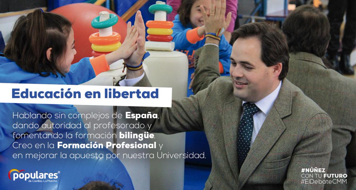 PP_CLM's tweet photo. 👨🏻‍🎓 "Defenderemos la red de centros concertados como garantes de una oferta plural y complementaria a la red pública y, por tanto, la libertad de elección de las familias."

💭 @paconunez_
#ElDebateCMM https://t.co/uRjuLT1ASP