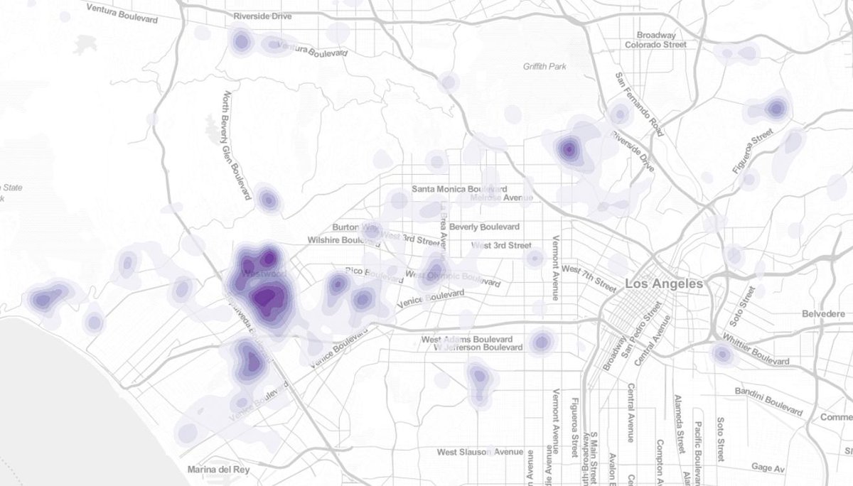 stiles's tweet photo. Heatmap shows the density of jacaranda street trees — those pretty purple blooms you see along and above the roads this month — in the city of Los Angeles. If you like them, drive through Westwood. https://t.co/JcueV1loAF