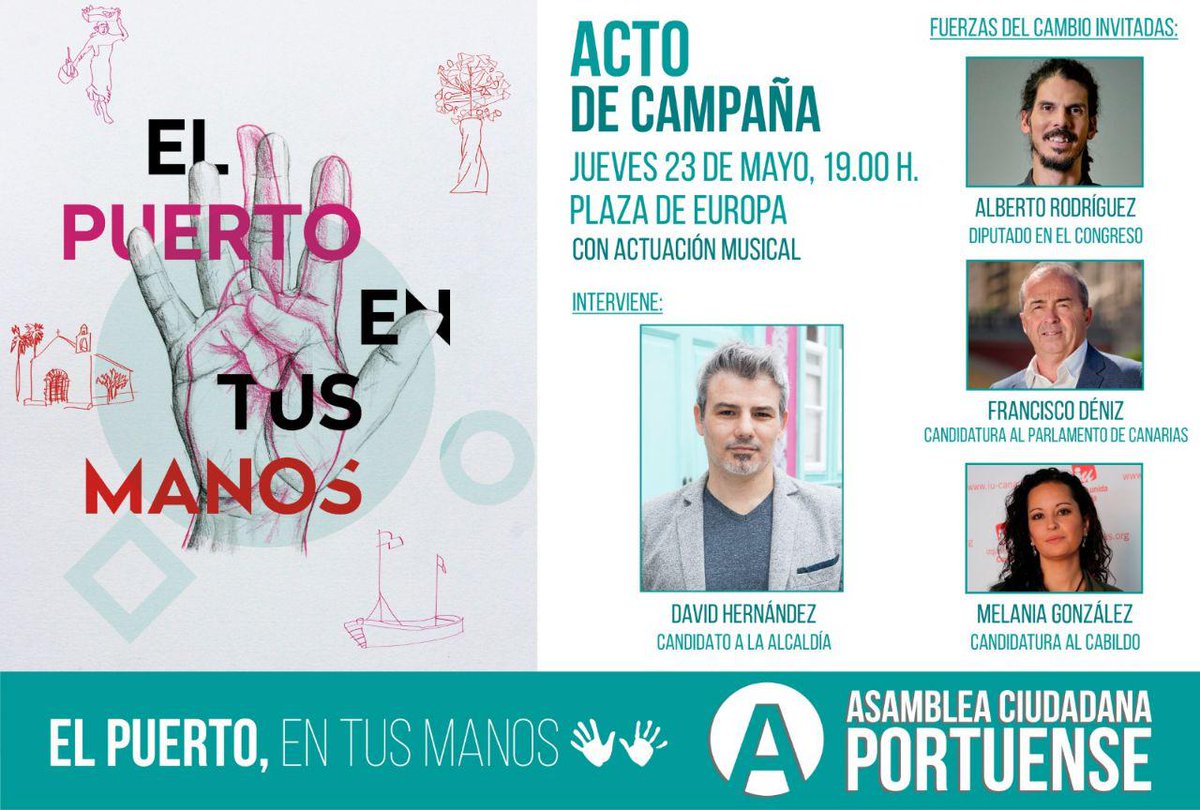 El jueves vendrán al Puerto de la Cruz tres puntales como <a href="/Alber_Canarias/">Alberto Rodríguez</a>, <a href="/Paco_Deniz/">Paco Déniz</a> y <a href="/me_latorres/">melania mª Glez Torr🔻</a> a mostrar su apoyo a la Asamblea Ciudadana Portuense y a nuestro candidato a la Alcaldía, <a href="/davidpuertocruz/">DavidHdezSSP</a>.
Tendremos también actuación musical para amenizar el acto.
¡No faltes!