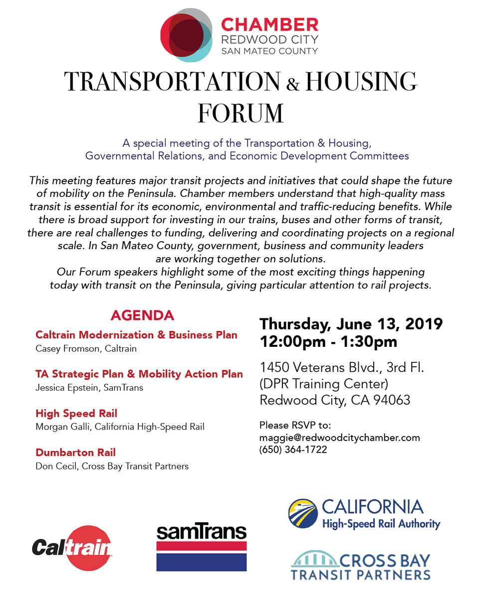 chamber_smc's tweet photo. We have a fantastic lineup on deck for our June 13th Special Transportation & Housing Forum - focusing on transit projects. RSVP to maggie@redwoodcitychamber.com if you plan on attending. Hope to see you all there! 🚃🚗🚉 #transitprojects #transportationandhousing https://t.co/DT24gmGhXP