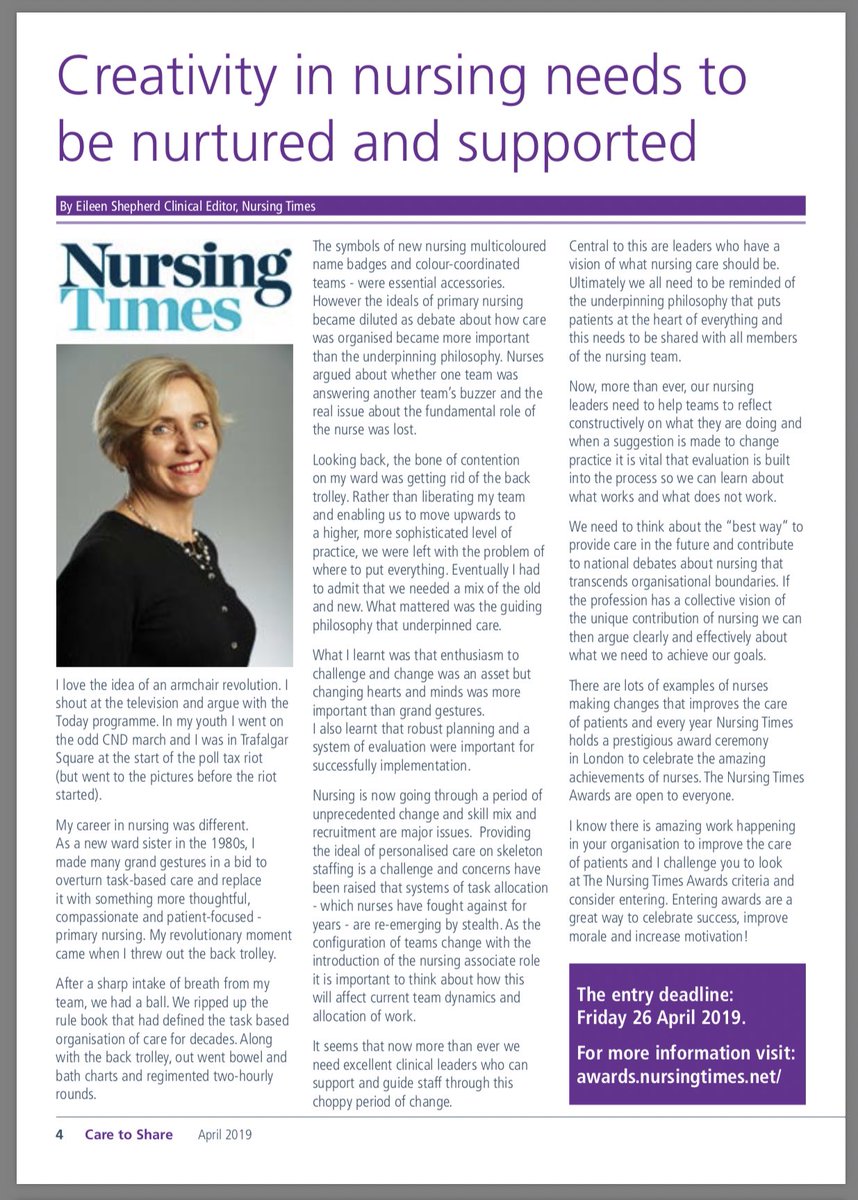 RWT_NurseEd's tweet photo. Honoured that @eileenshepherd shared her thoughts with us about creativity in nursing for our trust magazine Care to Share @RWT_NHS #futurenursing https://t.co/fhQCQyl2lC #chuffedtobits #thanksEileen 👌 https://t.co/4tX2nSR7N4