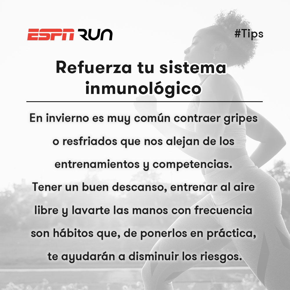 ESPNRun's tweet photo. #ESPNRun Los cambios bruscos de temperatura hacen que nos enfermemos y no podamos entrenar, por eso es mejor prevenir y tener en cuenta estos #Tips🏃‍♀🏃‍♂👇 https://t.co/z3dKoIzIza