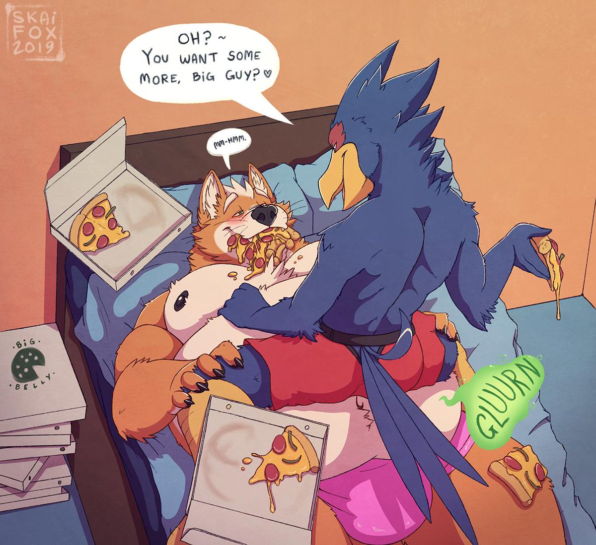 Not content with letting Wolf have all the fun, Falco's helping Fox's diet out with a pizza or two... or ten. ~ 🧡💦
#NSFW