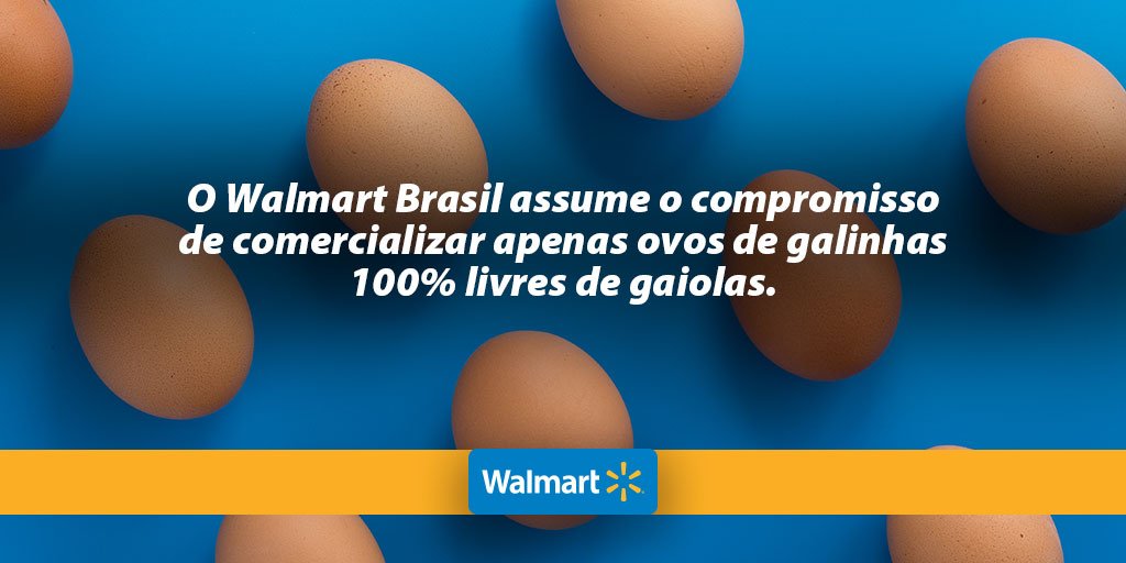 O Walmart Brasil se compromete em comercializar somente ovos de galinhas livres de gaiolas, em todas as lojas do grupo. Estamos trabalhando em parceria com as ONGs, visando difundir práticas que valorizem o bem-estar animal.