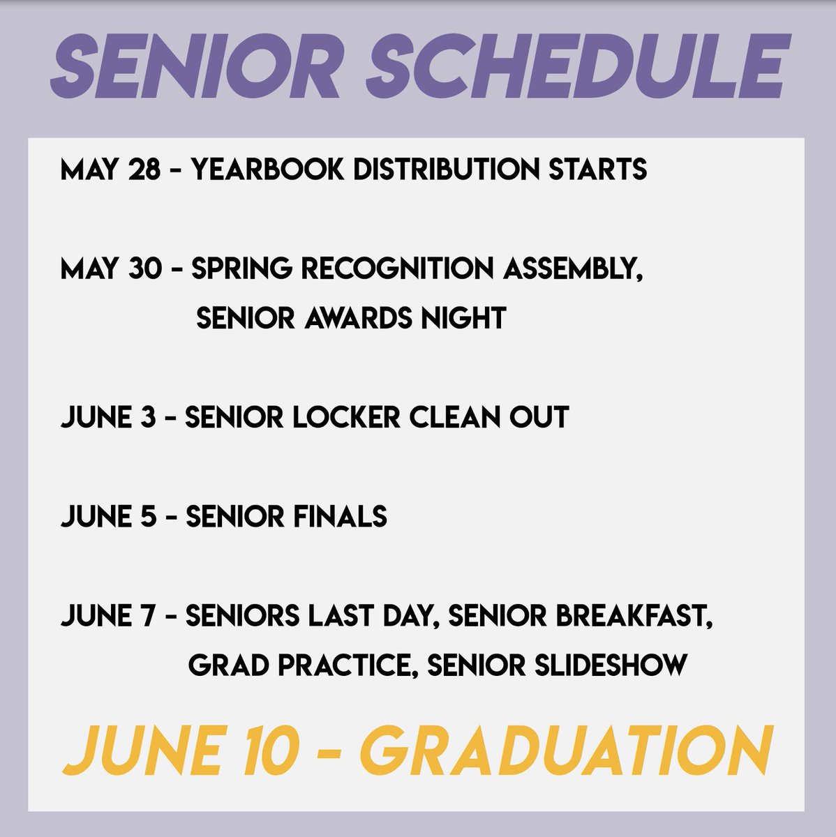 Hey seniors! Here is an updated schedule for the last week of school!