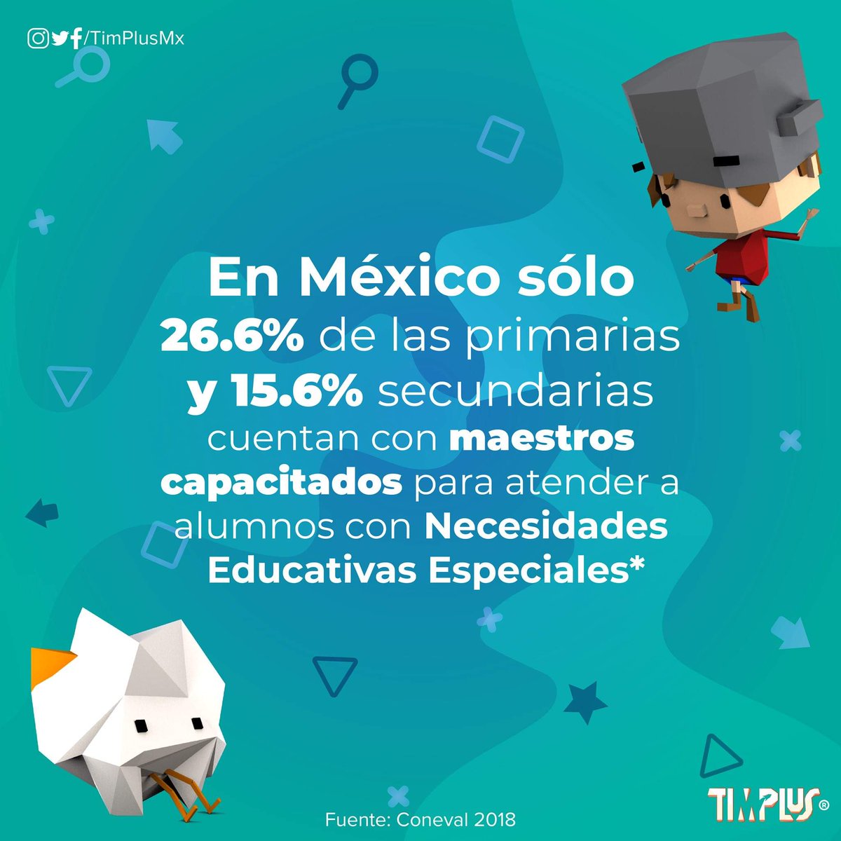 TimPlusMX's tweet photo. *NEE

DESCRIPCIÓN DE LA IMAGEN:

LADO SUPERIOR DERECHO TIM, LADO INFERIOR IZQUIERDO POP, PERSONAJES DE TIMPLUS, EN MÉXICO SÓLO 26.6% DE LAS PRIMARIAS Y 15.6% DE LAS SECUNDARIAS CUENTAN CON MAESTROS CAPACITADOS PARA ATENDER CON ALUMNOS CON NECESIDADES EDUCATIVAS ESPECIALES https://t.co/JYi8pdOUEn