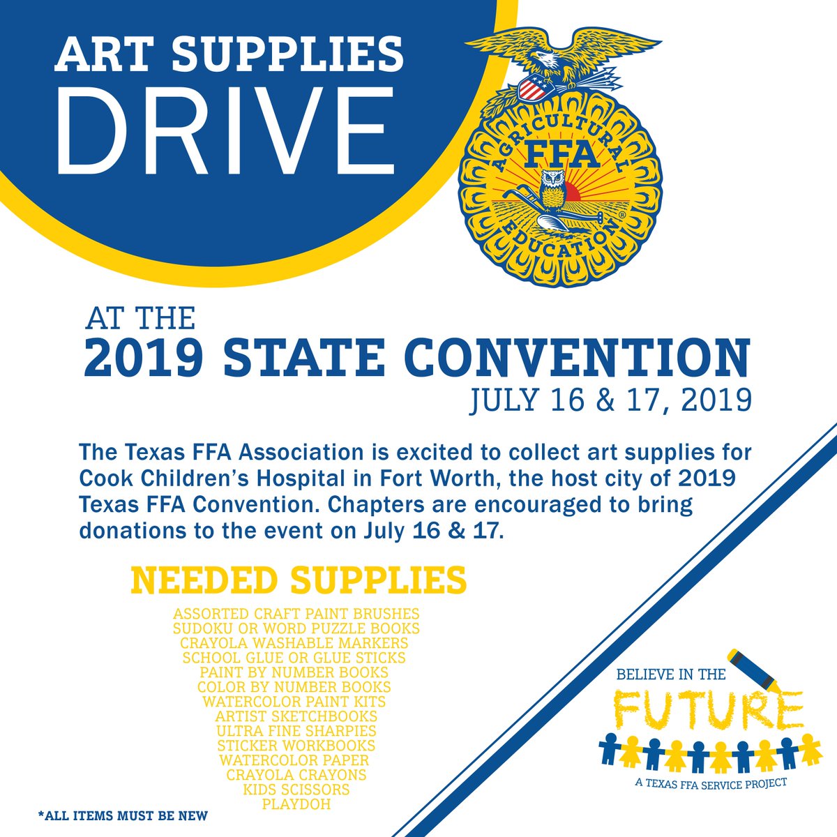 TexasFFA's tweet photo. The Texas FFA Association is excited to collect supplies for the City of Fort Worth, the host city of 2019 Texas FFA State Convention. Chapters are encouraged to bring donations to the event on July 16 &amp; 17. #IlluminateFFA #TexasFFA

https://t.co/hSxoHSzrNG https://t.co/u21msAwZyJ