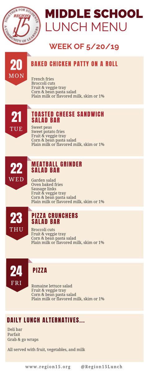 Here is the menu for this week for the middle schools. <a href="/Region15Schools/">Region 15 Schools</a> <a href="/RochambeauRams/">Michael J. Bernardi</a> <a href="/Memorial_Middle/">Jennifer Murphy</a>