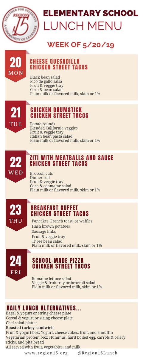 Here is the school lunch menu for the elementary schools this week.   <a href="/PomperaugES/">Theresa Forish</a> <a href="/GainfieldSchool/">Gainfield School</a> <a href="/MiddleburyES/">Middlebury ES</a> <a href="/LongMeadowES/">LMES</a> <a href="/Region15Schools/">Region 15 Schools</a>