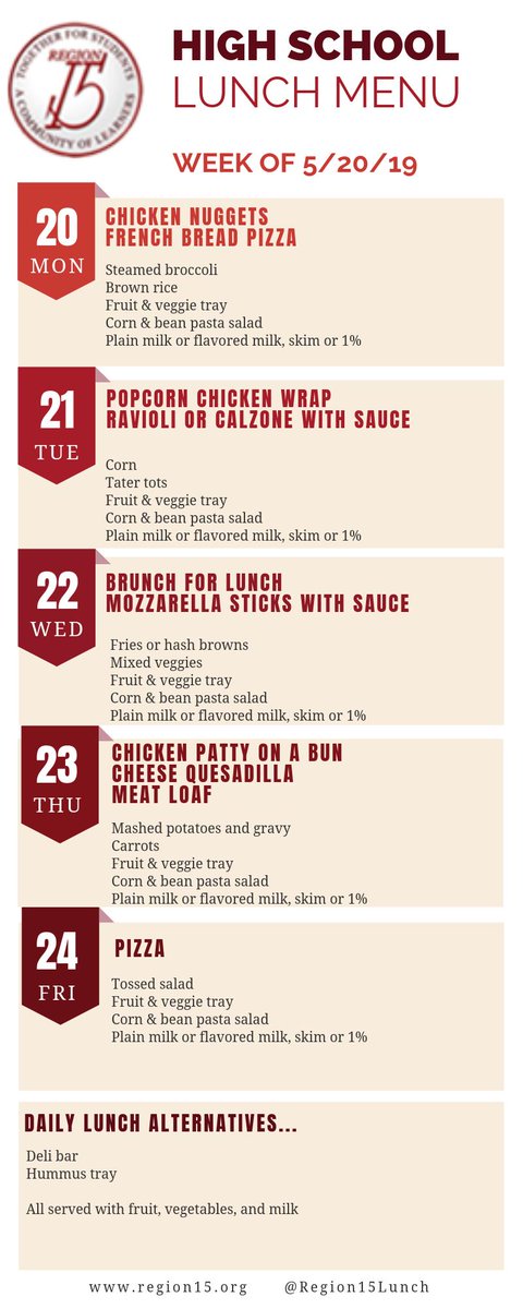Here is the school lunch menu for PHS for the upcoming week.  
<a href="/Region15Schools/">Region 15 Schools</a> @PJones2001#pomplife
